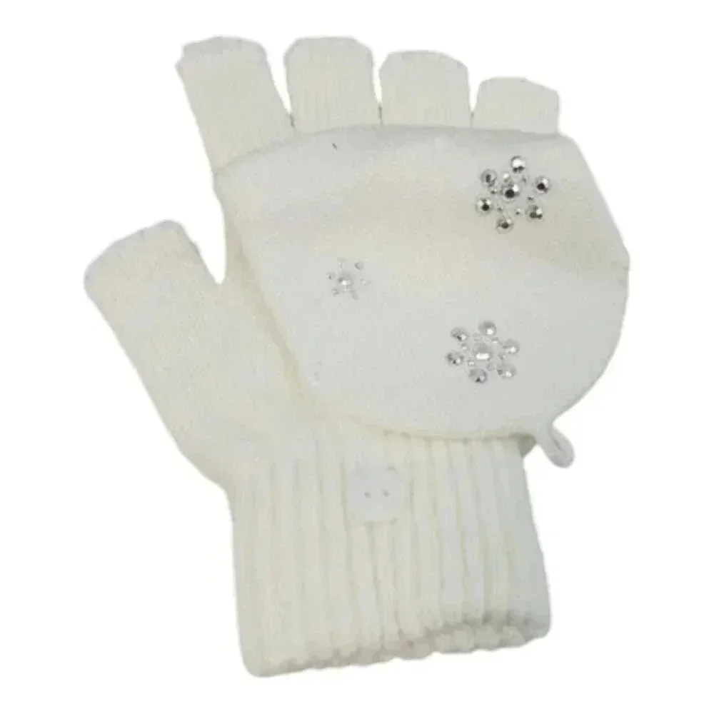 Girls White/Cream Sparkly Snowflake Knit Hat Beanie with Fingerless Glove set